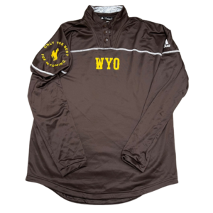 women's brown 1/4 snap jacket. slogan WYO printed on front center in gold. White Adidas logo printed on left arm, and bucking horse with slogan printed on right arm