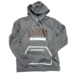 women's Adidas gray hooded sweatshirt with white drawstrings, gathered wrist cuffs and waistband, design is brown Adidas logo above brown arched word Wyoming, white bar below