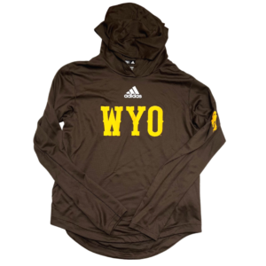 women's brown hooded long sleeved tee. Slogan WYO on front center in gold, with Adidas logo above in white. Gold bucking horse printed on left sleeve