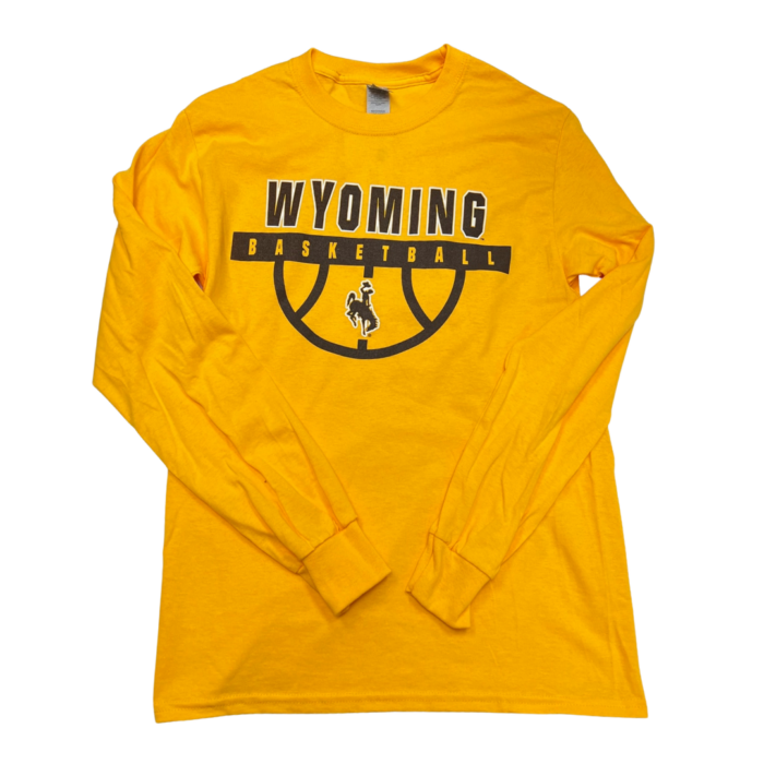 gold long sleeve shirt, design is brown word Wyoming above brown strip with word basketball in gold, basketball design below with brown bucking horse in center