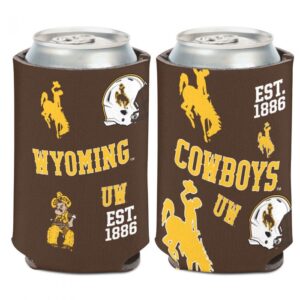 two cans in brown can coolers, each with scattered Wyoming Cowboys logos - pistol pete, gold bucking horse, white Wyoming football helmet, one says Cowboys other says Wyoming