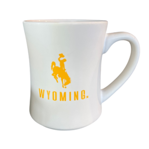 white coffee mug with handle, design is gold bucking horse above gold word Wyoming
