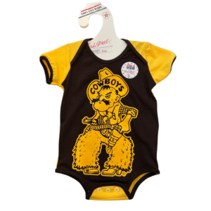 brown infant onesie with gold short sleeves, design is gold Pistol Pete screen printed on front middle, three snaps at diaper opening