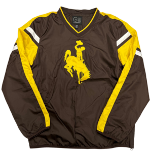 vneck brown pullover with gold trim, gold and stripes on both arms, gold bucking horse in center of the chest