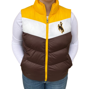women's gold white and brown puffer vest, gold zipper, design is brown embroidered bucking horse outlined in gold