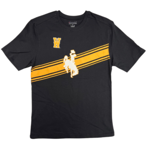 black short sleeve tee, design is gold slanted stripes behind white bucking horse outlined in gold, gold W on right chest