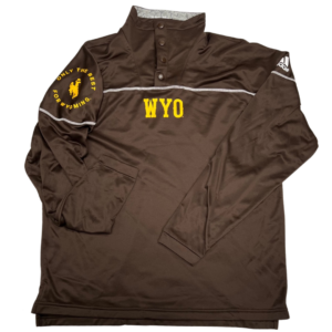brown 1/4 snap jacket. slogan WYO printed on front center in gold. White Adidas logo printed on left arm, and bucking horse with slogan printed on right arm
