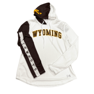 Uwomen's lightweight jacket, hood is half white half brown, right arm is brown, body is white. design is white bar on right arm with brown word cowboys, brown word Wyoming on chest, gold bucking horse on right of hood
