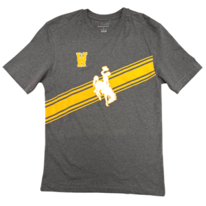 charcoal short sleeve tee, design is gold slanted stripes behind white bucking horse outlined in gold, gold W on right chest