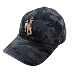 women's black camo hat, design is gold bucking horse outlined in white embroidered on front center