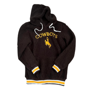 women's brown sherpa hooded sweatshirt, gold and white cuffs and waist band, white drawstring on hood, design is gold word cowboys arched over gold bucking horse