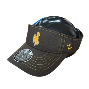 brown adjustable visor with gold stitching, design is gold bucking horse embroidered in front center, gold Zephyr logo on side