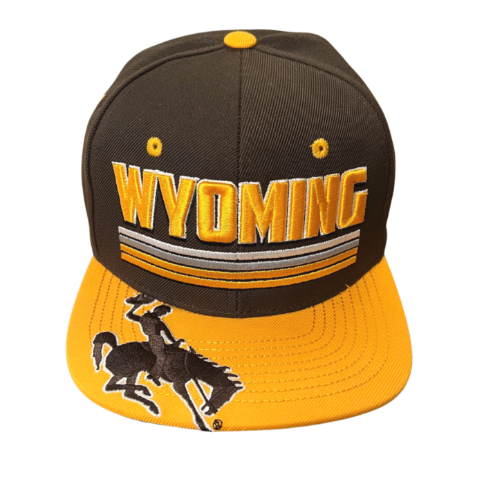 youth flat brown flat bill hat, gold yellow brim, design is word Wyoming embroidered in gold, four lines of grey, white, and gold, brown embroidered bucking horse on bill