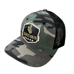green camo adjustable hat with black mesh back, design is black shield embroidered with green bucking horse above word Wyoming in Back above 5 white stars