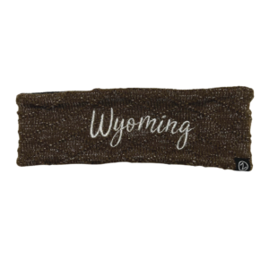 heather brown knitted headband, design is scripted word Wyoming in silver, silver Zephyr logo tag on side