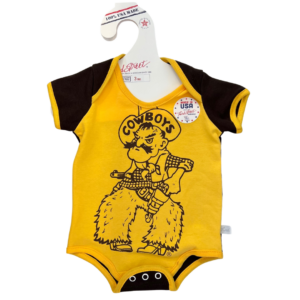 gold infant onesie with brown short sleeves, design is brown Pistol Pete screen printed on front middle, three snaps at diaper opening
