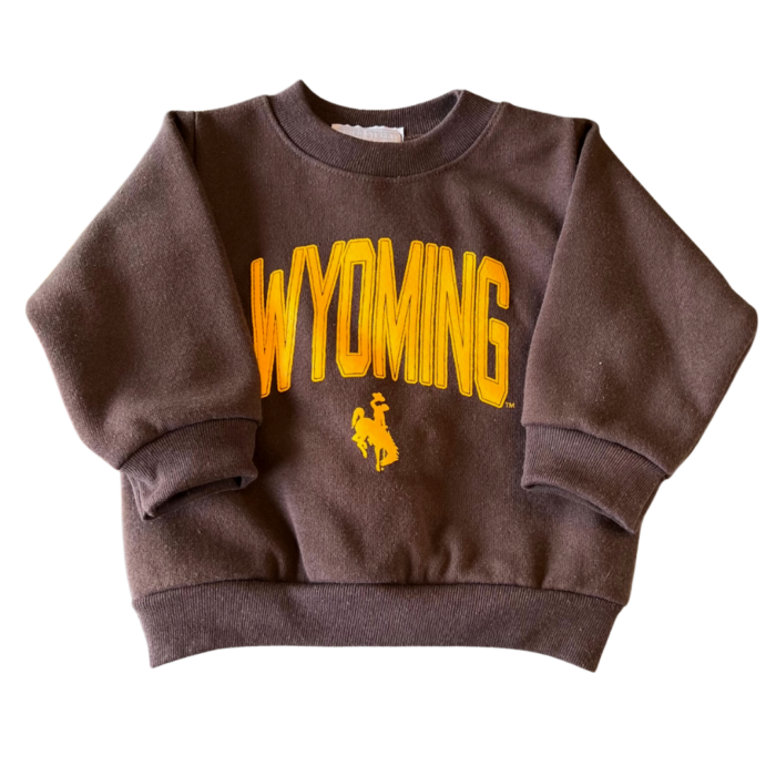 toddler brown crew neck sweatshirt, design is word Wyoming in gold arched over gold bucking horse