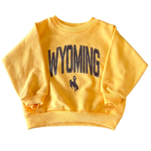 infant crewneck sweatshirt with word Wyoming and bucking horse printed on front in brown