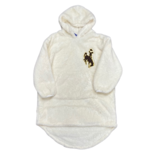 youth oversized cream blanket hooded sweatshirt, design is embroidered brown bucking horse outlined in gold, kangaroo pocket on front