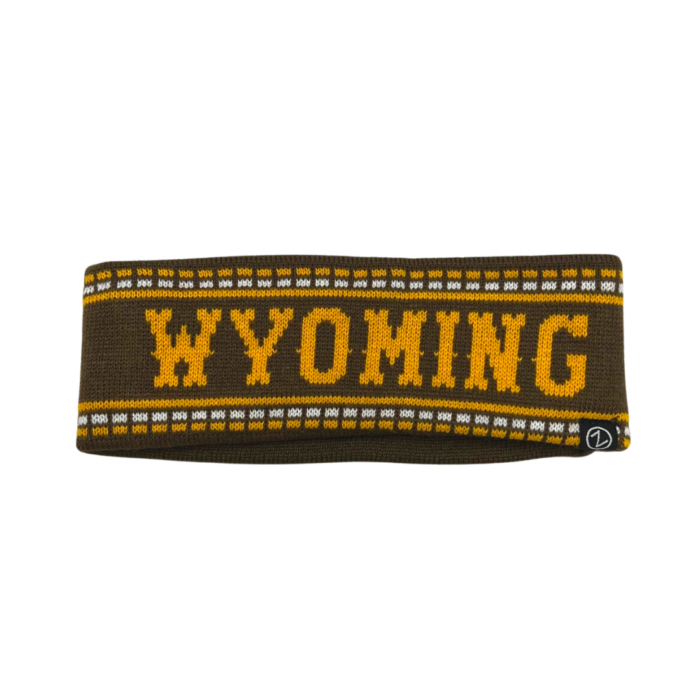 brown knitted headband, design is dashed white and gold lines and gold solid line with white word Wyoming in between