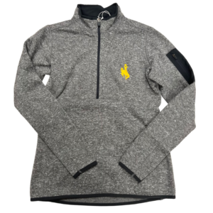 women's charcoal quarter zip with black trim, right arm has black side pocket, design is gold embroidered bucking on left chest