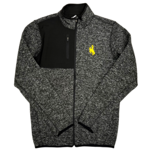 black marled fleece full zip jacket. black pocket on right chest, gold bucking horse embroidered on left chest
