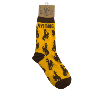 women's gold socks with brown toe, heel and cuff, design is brown bucking horses repeated, brown word Wyoming at top