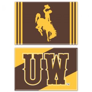 2 pack of rectangle magnets, first is brown with three gold stipes on either side with gold bucking horse in center. Second is borwn and gold stripes with brown UW outlined in gold in center