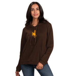 woman wearing brown hooded sweatshirt with brown drawstrings and kangaroo pocket, design is gold bucking horse in center chest