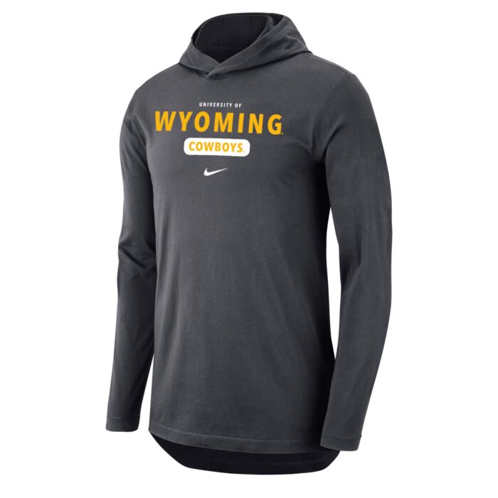 Nike charcoal heather light weight hooded sweatshirt, design is white word university of above gold word Wyoming above white round rectangle with gold word cowboys above white Nike logo