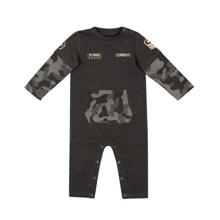 infant charcoal romper, grey camo sleeves and front pocket, snap closure at bottom, design is tan word Wyoming in rectangle above tan stars on right chest, word Cowboys on left chest, special military style patches on each sleeve