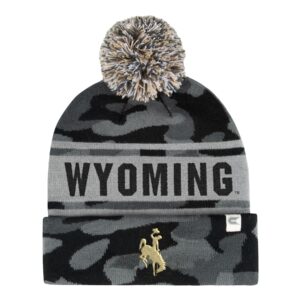 grey camo beanie with grey, gold and white pom at top, design is black word Wyoming in grey stripe with smaller strip above, gold embroidered bucking horse on cuff