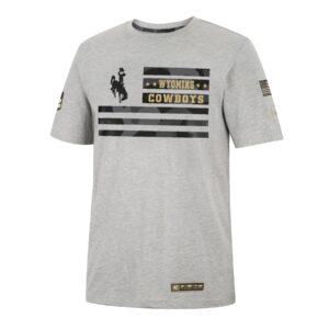 heather grey short sleeve tee. Design is similar to American flag with black bucking horse in top left corner with grey camo stripes. Slogan Wyoming Cowboys with two stars on each side. special military style patches on each sleeve