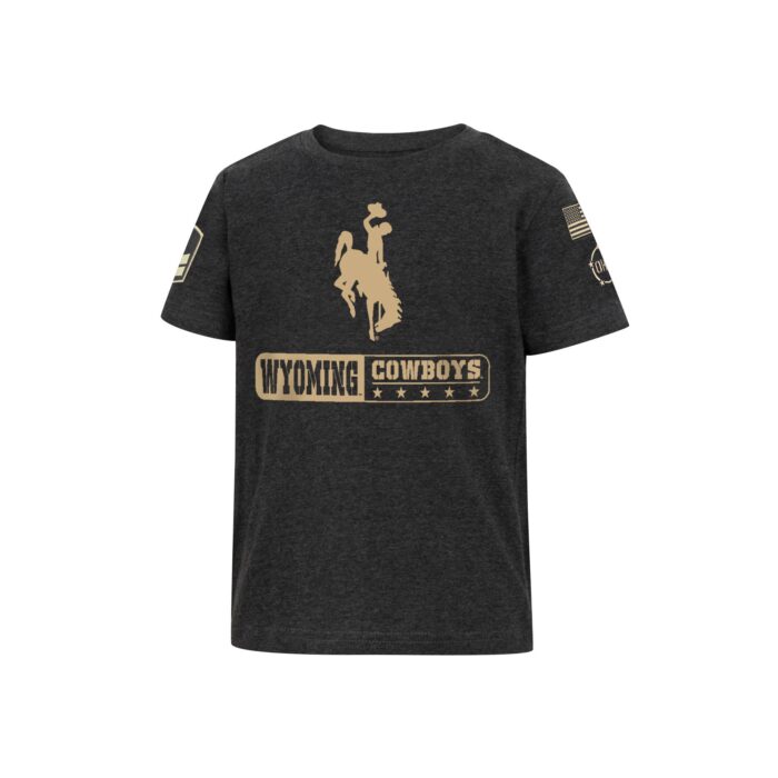 toddler charcoal short sleeve tee, design is tan bucking horse in center of chest above rounded rectangle with word Wyoming outlined in tan on left half, other half is word cowboys above 5 stars