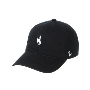 black adjustable hat, design is white bucking horse in center of cap, white Zephyr log on left side of hat