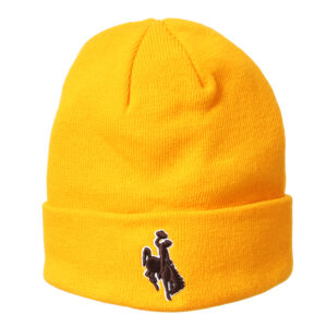 gold knitted beanie with cuff on the bottom, design is brown embroidered bucking horse outlined in white