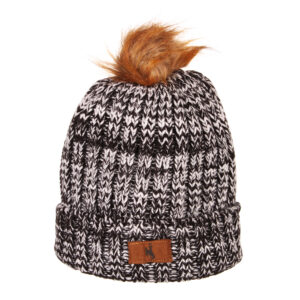 black and white knitted beanie with brown fur pom on top, leather rectangle patch sewed to cuff, bucking horse in center of patch