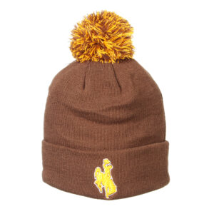 brown beanie with brown and gold pom at top, cuffed at bottom, design is gold embroidered bucking horse outlined in white on cuff