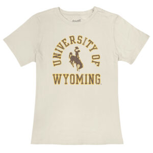 women's vintage white short sleeve tee, design is brown words University of outlined in gold arched above brown bucking horse outlined in gold, brown word Wyoming outlined in gold below