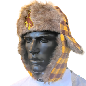 mannequin wearing gold and brown plaid hat with ear covers. faux fur on top and ear flaps. bucking horse embroidered on front center