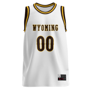 white basketball jersey with gold and brown trim on sleeves and neckline. Word Wyoming and numbers 00 printed on front center in brown with gold outline