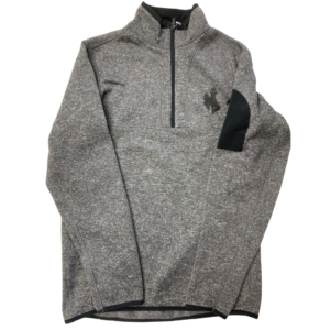 men's heather gray quarter zip sweater, black zippered pocket on left arm, black elastic binding at hem and sleeves design is grey embroidered bucking horse