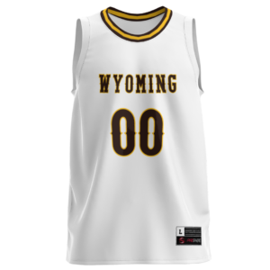 white basketball jersey with gold and brown and neckline. Word Wyoming and numbers 00 printed on front center in brown with gold outline
