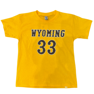 youth gold short sleeve tee. design is word Wyoming in brown outlined in white with number 33 below in brown outlined in white