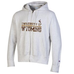 light grey full zip hooded sweatshirt, distressed design is word University of above two lines brown and gold, word Wyoming in brown below, bucking horse above on left chest