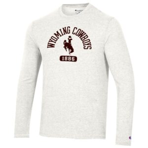 oatmeal grey colored long sleeve tee, design is words Wyoming Cowboys in brown arched above brown bucking horse, rounded brown rectangle with year 1886 inside