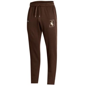 men's brown jogger pants, brown drawstring waist, design is white bucking horse outlined gold, white corners surrounding, word Wyoming in white on right, grey Under Armour logo on left