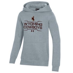 youth grey heather hooded sweatshirt, design is brown bucking horse outlined in gold above brown line, words Wyoming cowboys stacked in brown above second line