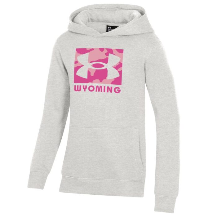 Under Armour light grey hooded sweatshirt, design is rectangle of pink camouflage with cut out of Under Armour logo in light grey, pink word Wyoming below