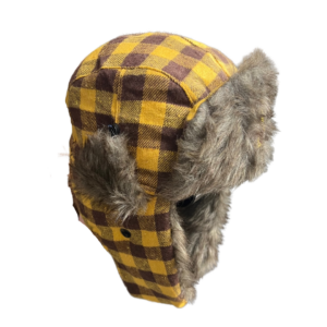 gold and brown plaid winter hat with ear covers. faux fur on top and ear flaps. bucking horse embroidered on front center